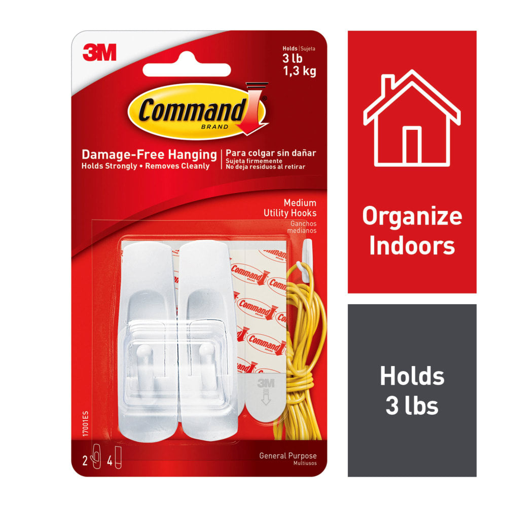 Command Medium Utility Hooks, 2 Command Hooks, 4 Command Strips, Damage Free Organizing of Dorm Rooms, White