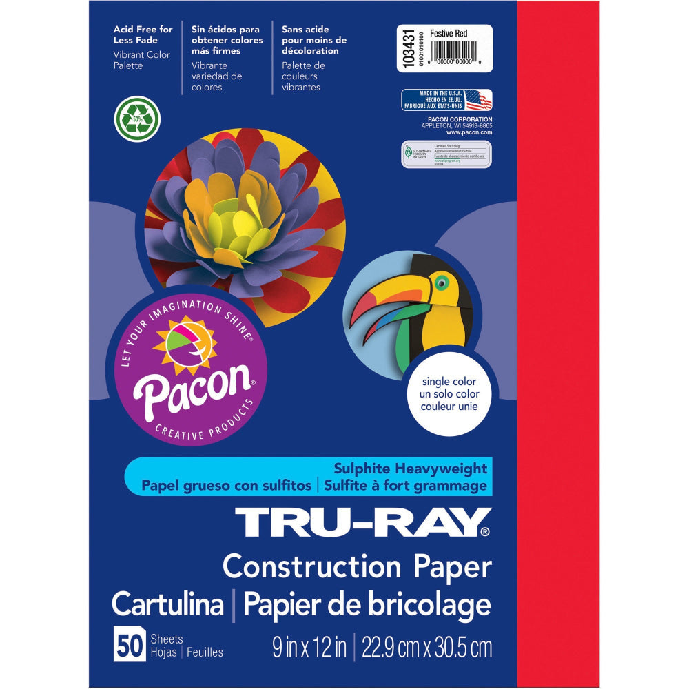 Tru-Ray Construction Paper, 50% Recycled, 9in x 12in, Festive Red, Pack Of 50