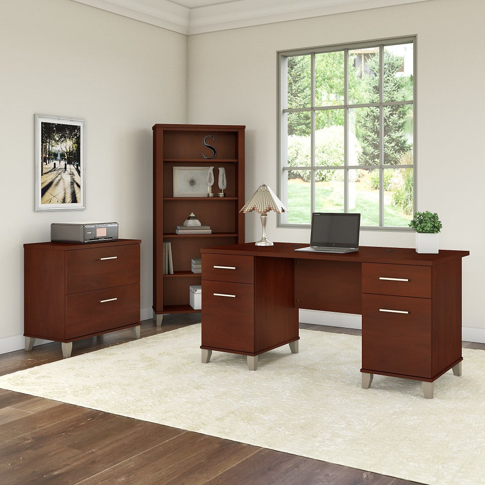 Bush Business Furniture Somerset 60inW Office Computer Desk With Lateral File Cabinet And 5 Shelf Bookcase, Hansen Cherry, Standard Delivery