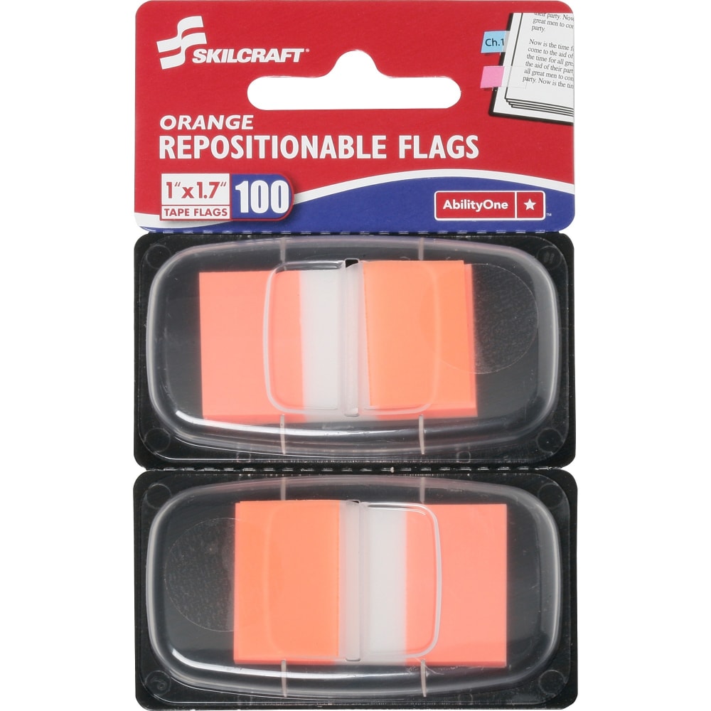 SKILCRAFT 70% Recycled Color Self-Stick Flags, 1in x 1 3/4in, Orange, 50 Flags Per Pad, Pack Of 2 (AbilityOne 7510-01-315-2023)