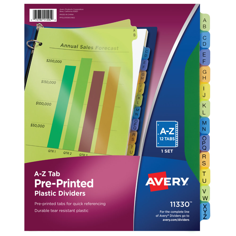 Avery Preprinted Plastic Dividers, A-Z, 12-Tab,  Multicolor, 1 Set