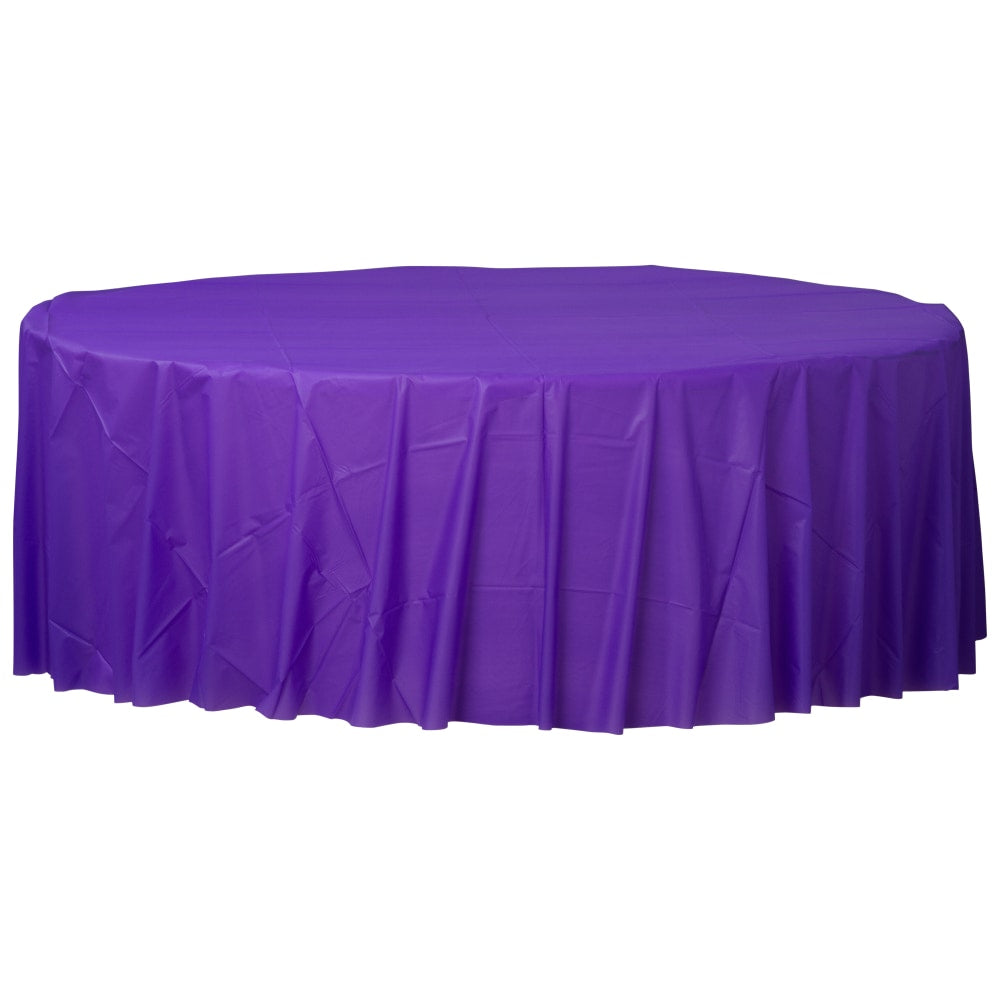 Amscan 77017 Solid Round Plastic Table Covers, 84in, Purple, Pack Of 6 Covers