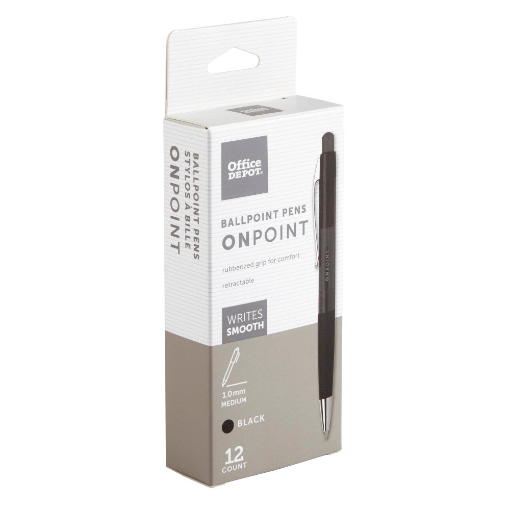 Office Depot Brand Soft-Grip Retractable Ballpoint Pens, Medium Point, 1.0 mm, Black Barrel, Black Ink, Pack Of 12