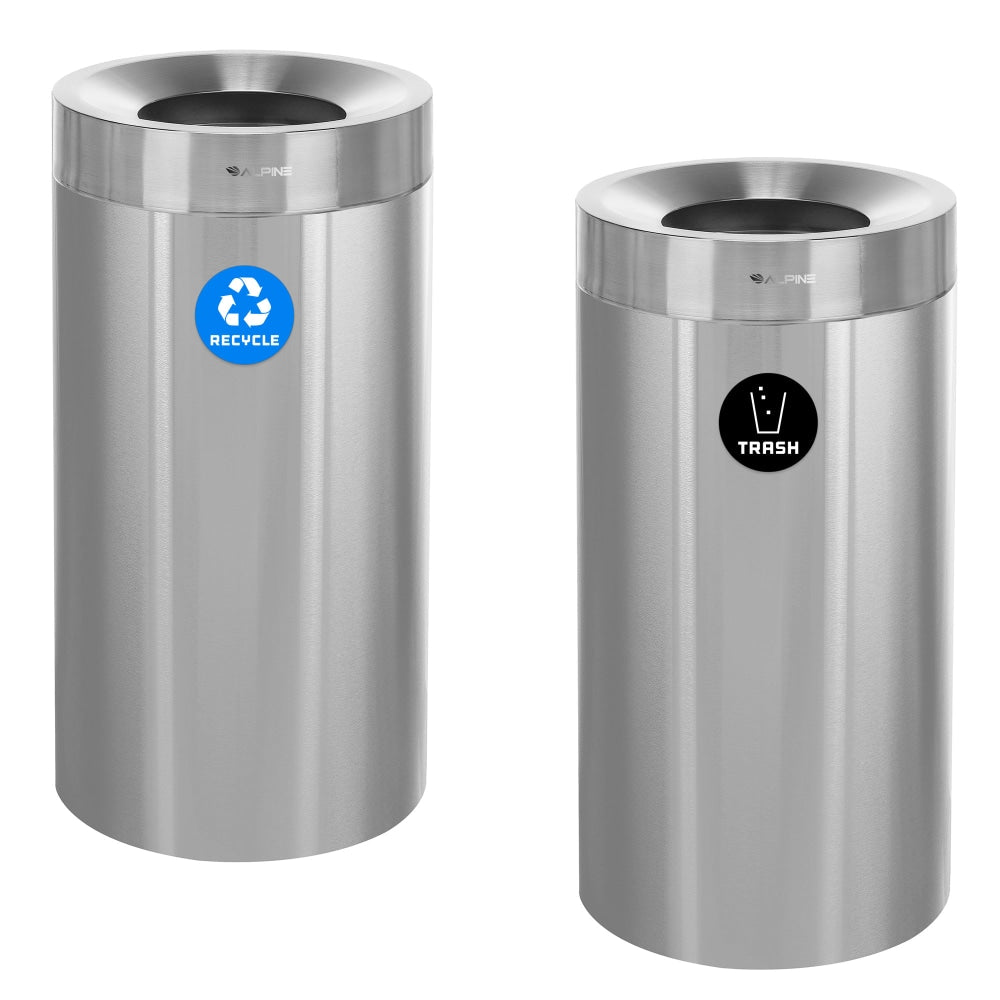 Alpine Industries Stainless Steel Recycling Can And Trash Receptacles, 27 Gallons, Silver, Pack Of 2 Receptacles