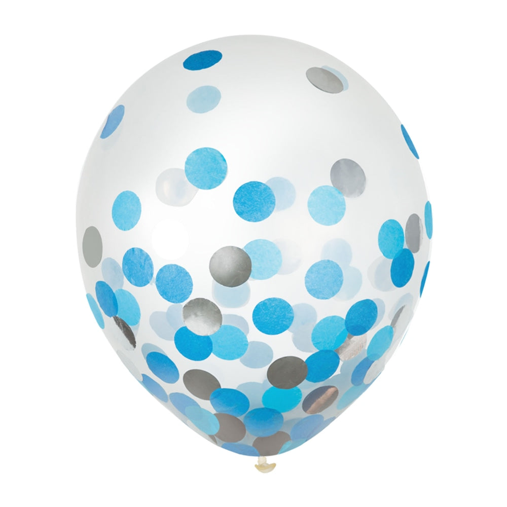 Amscan 12in Confetti Balloons, Blue/Silver, 6 Balloons Per Pack, Set Of 4 Packs