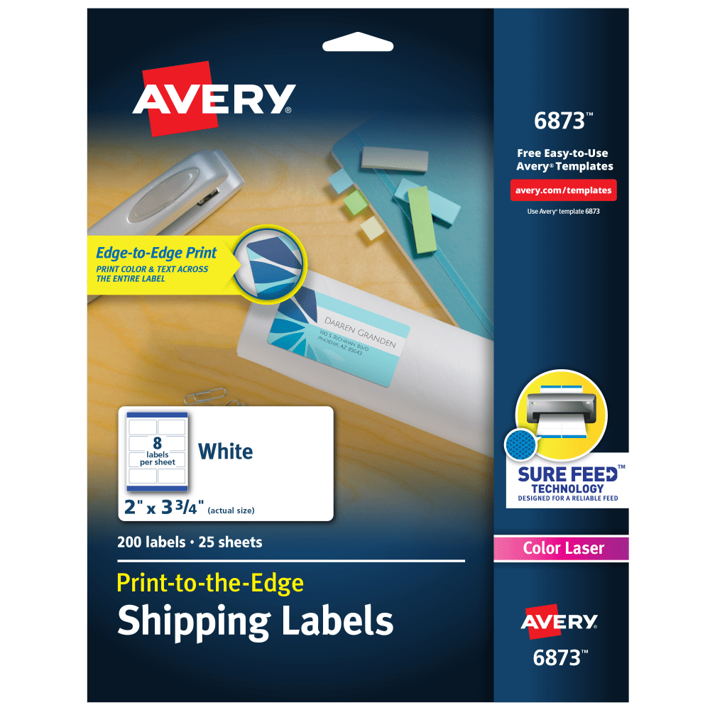 Avery Print-To-The-Edge Permanent Laser Shipping Labels, 6873, 2in x 3 3/4in, White, Pack Of 200