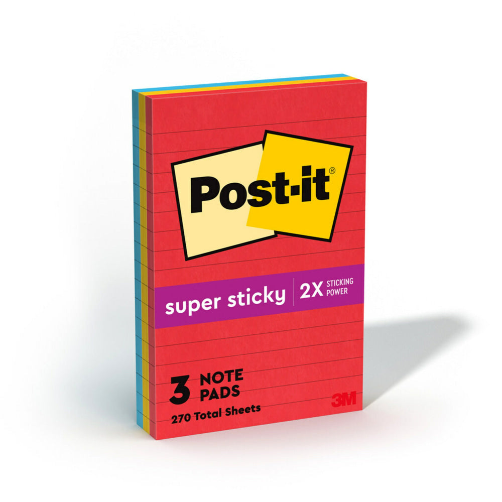 Post-it Super Sticky Notes, 4in x 6in, Playful Primaries Collection, Lined, Pack Of 3 Pads