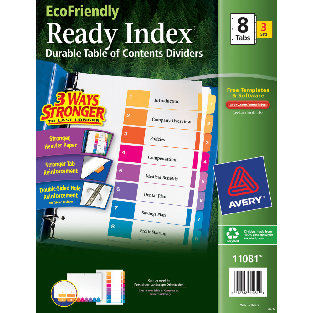 Avery Ready Index Eco-Friendly 100% Recycled Dividers, 1-8 Tabs & Customizable Table Of Contents, Letter Size, White Dividers/Multicolor Tabs, Pack Of 3 Sets