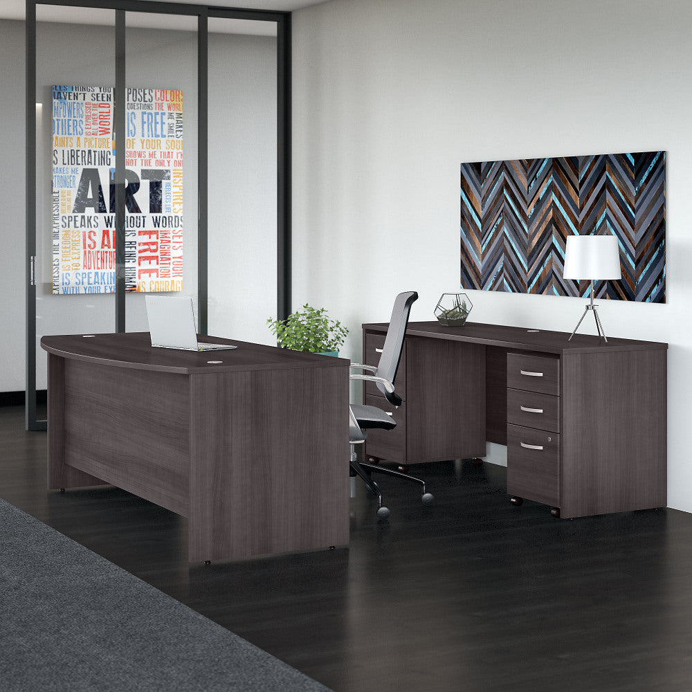 Bush Business Furniture Studio C 72inW Bow-Front Computer Desk And Credenza With Mobile File Cabinets, Storm Gray, Standard Delivery