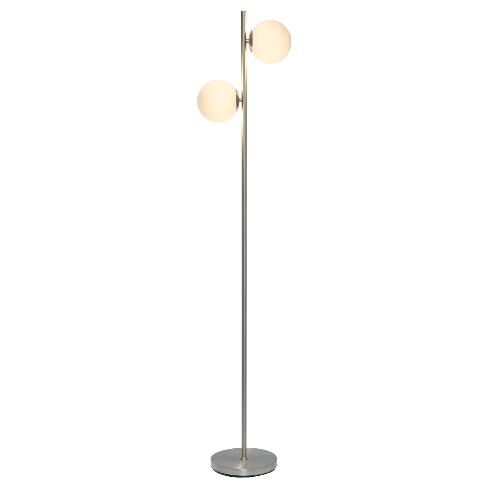 Simple Designs Tree Floor Lamp With Dual White Glass Globe Shades, 66inH, White Shades/Brushed Nickel Base