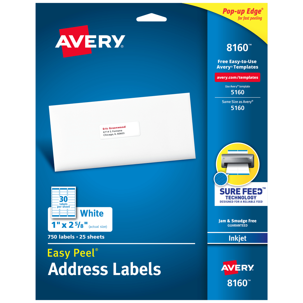 Avery Easy Peel Address Labels With Sure Feed Technology, 8160, 1in x 2 5/8in, White, Box Of 750