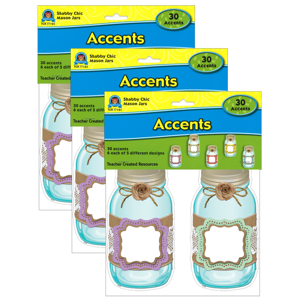 Teacher Created Resources Accents, Shabby Chic Mason Jars, 30 Accents Per Pack, Set Of 3 Packs