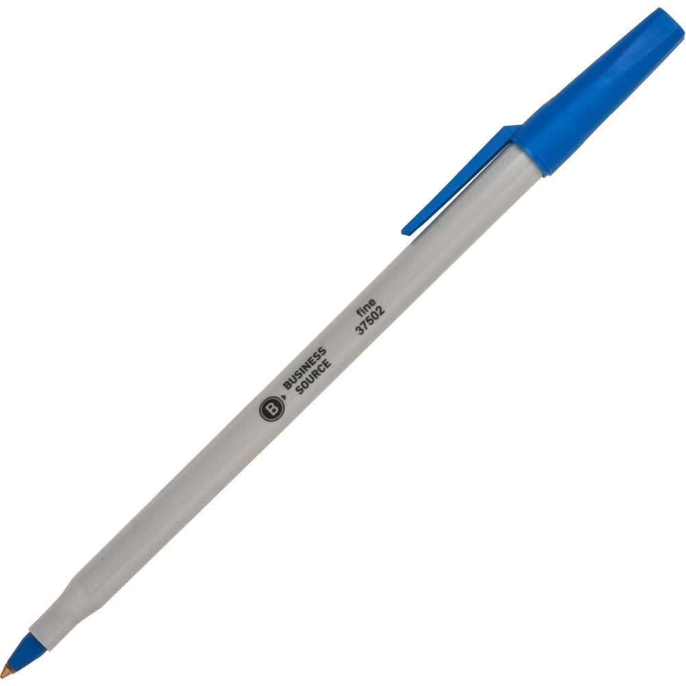 Business Source Ballpoint Stick Pens, Fine Point, Light Gray Barrel, Blue Ink, Pack Of 12 Pens