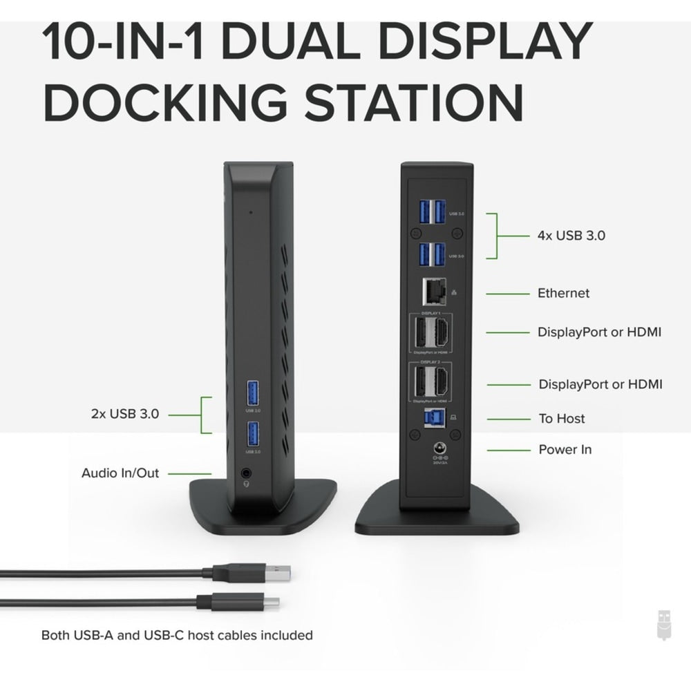 Plugable USB 3.0 and USB-C Dual 4K Display Docking Station with DisplayPort and HDMI for Windows and Mac - (Dual 4K DisplayPort & HDMI, Gigabit Ethernet, Audio, 6 USB Ports) Vertical