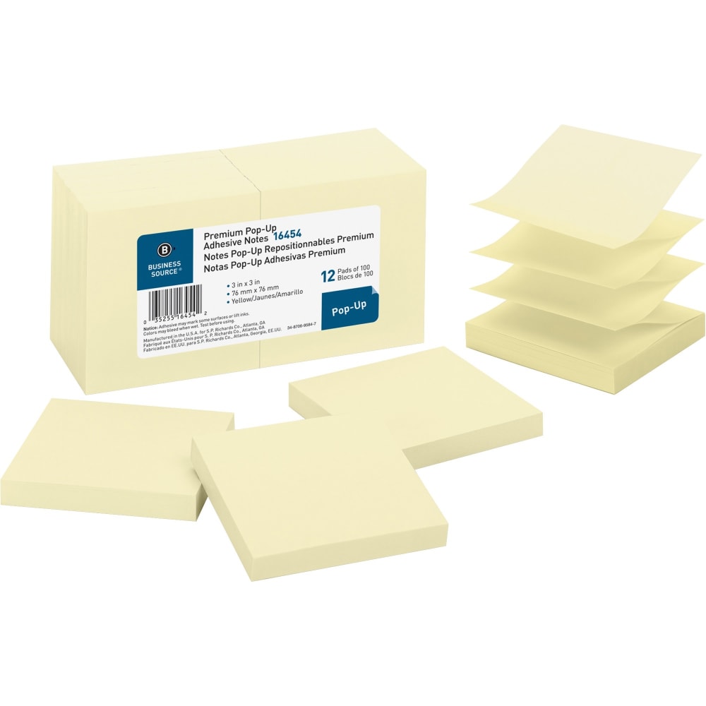 Business Source Reposition Pop-up Adhesive Notes - 3in x 3in - Square - Yellow - Removable, Repositionable, Solvent-free Adhesive - 12 / Pack