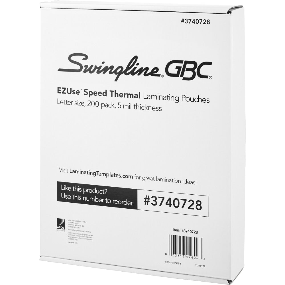 GBC EZUse Thermal Laminating Speed Pouches, 5 mils, 8 1/2in x 11in, Clear, Pack Of 200, 3740728