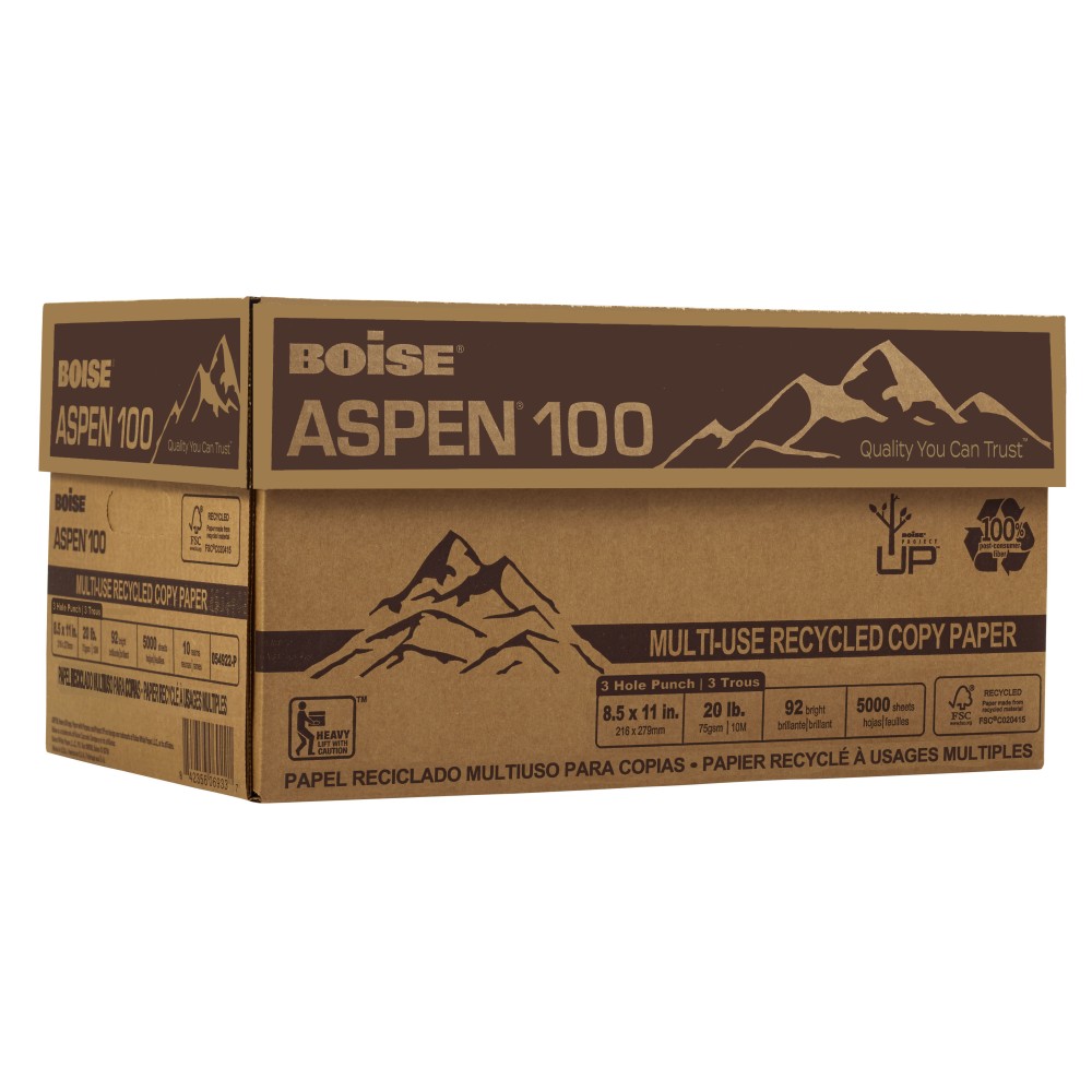 Boise ASPEN 3-Hole Punched Copy Paper, White, Letter (8.5in x 11in), 5000 Sheets Per Case, 98 Brightness, Case Of 10 Reams