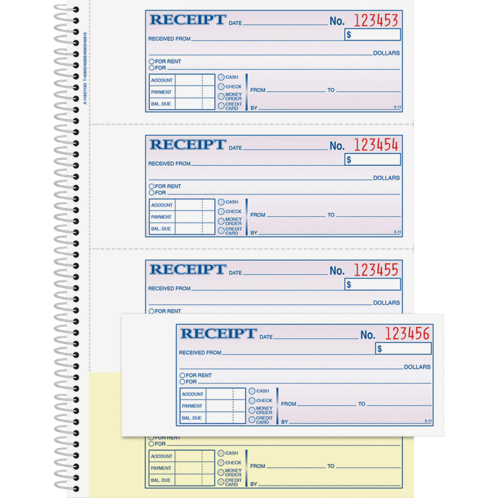 Adams Spiral 2-part Money/Rent Receipt Book - 200 Sheet(s) - Spiral Bound - 2 Part - 2.75in x 7.62in Form Size - White, Canary - Assorted Sheet(s) - 5 / Pack