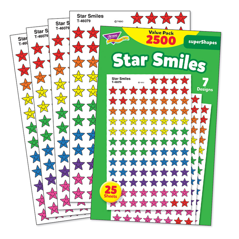 Trend superShapes Stickers Value Packs, Star Smiles, 2,500 Stickers Per Pack, Set Of 3 Packs