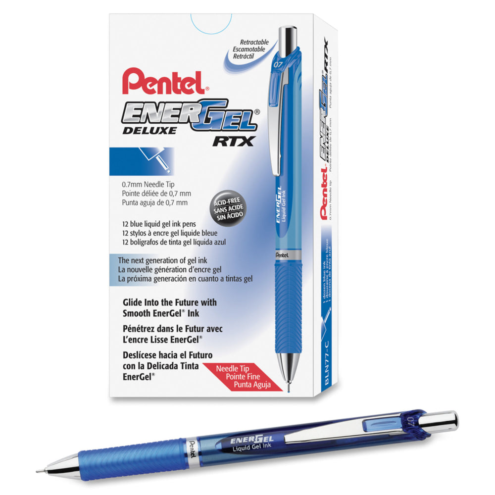 Pentel EnerGel RTX Liquid Gel Pen, Medium Point, 0.7 mm, Blue, Silver Barrel, Blue Ink