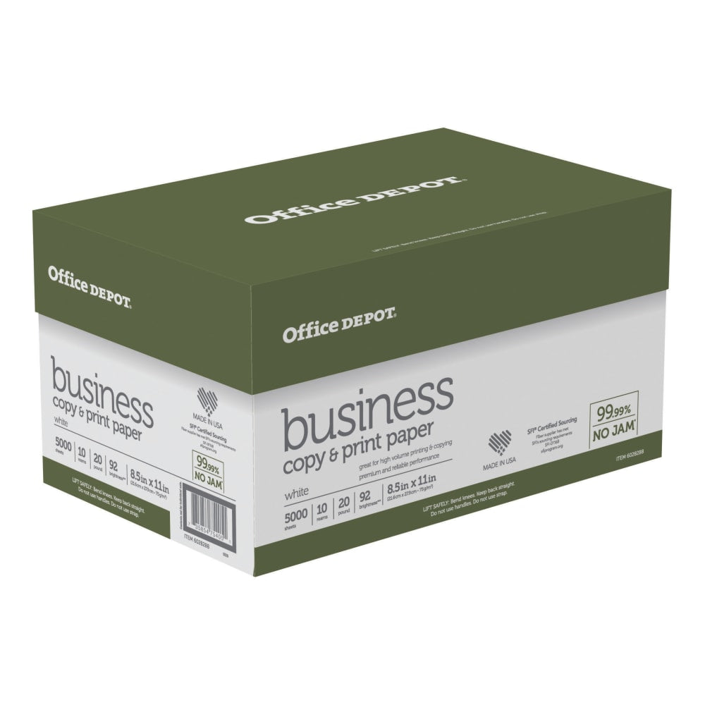 Office Depot Business Multi-Use Printer & Copy Paper, White, Letter (8.5in x 11in), 5000 Sheets Per Case, 20 Lb, 92 Brightness, Case Of 10 Reams