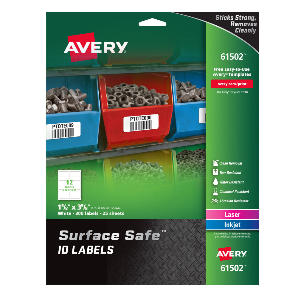 Avery Water Resistant Surface Safe ID Labels, 61502, Rectangle, 1-5/8in x 3-5/8in, White, Pack Of 300