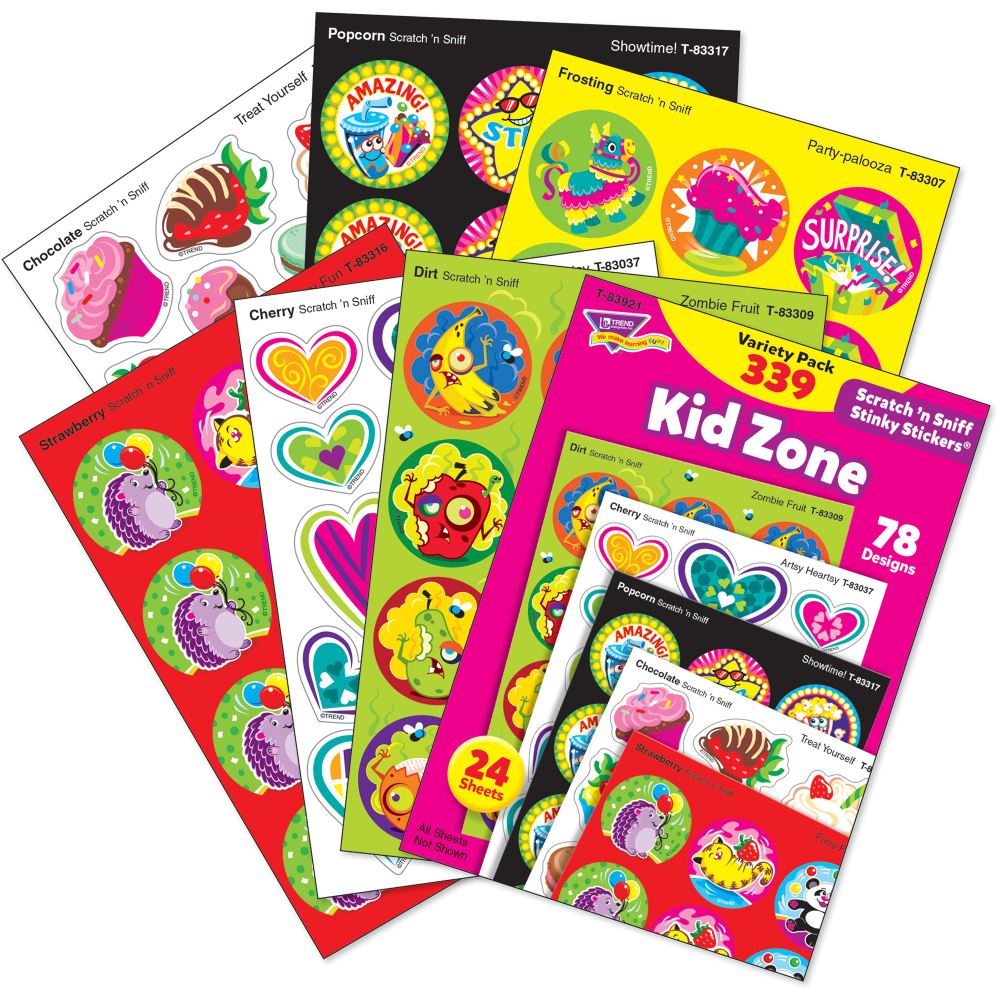 Trend Kid Zone Scratch N Sniff Stinky Stickers - (Furry Fun, Zombie Fruit, Bumper Blast, Artsy Heartsy, Hearty Fun, Party-palooza, Treat Yourself, Showtime!)