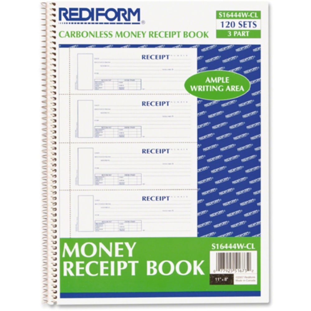 Rediform Wirebound Money Receipt Book, 3-Part, Carbonless, 2 3/4in x 7in, Set Of 120