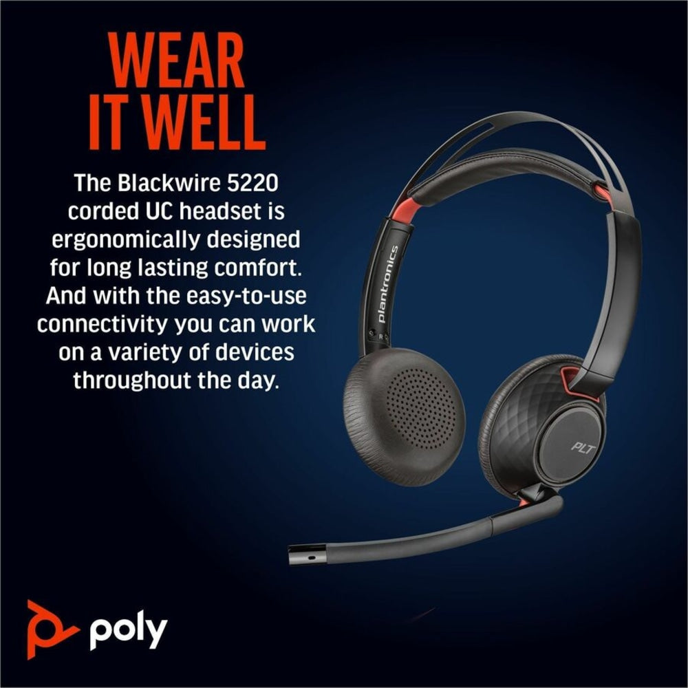 Poly Blackwire 5220 Stereo USB-C Headset + 3.5mm Plug + USB-C/A Adapter - Microsoft Teams Certification - Stereo - USB Type C, Mini-phone (3.5mm) - Wired - 32 Ohm - On-ear - Binaural - Ear-cup - 7.10 ft Cable