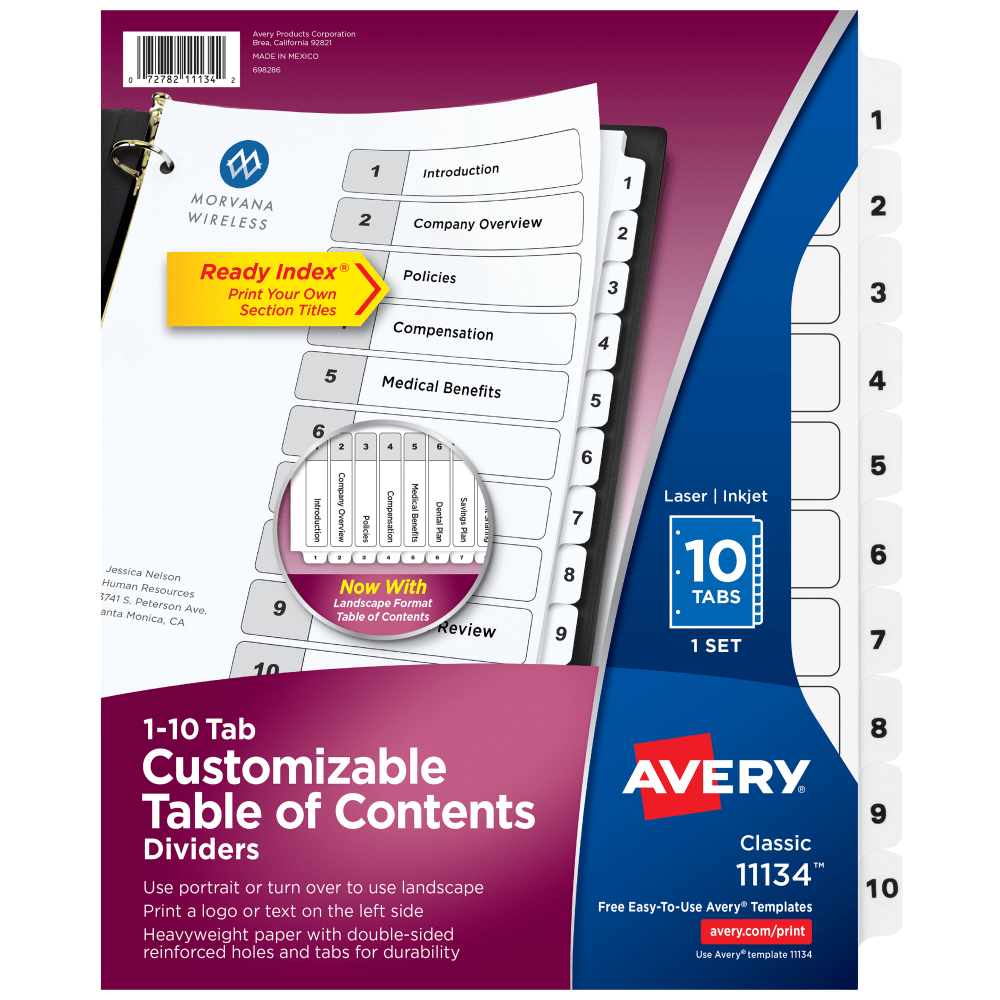 Avery Ready Index 1-10 Tab With Customizable Table Of Contents Dividers, Letter Size, 10 Tab, White, 1 Set