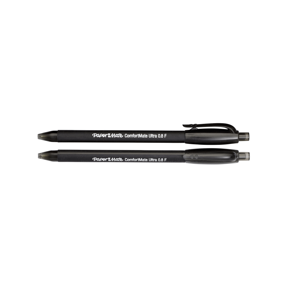 Paper Mate Comfortmate Ultra Retractable Ballpoint Pens, Fine Point, 0.8 mm, Black Barrel, Black Ink, Pack Of 12