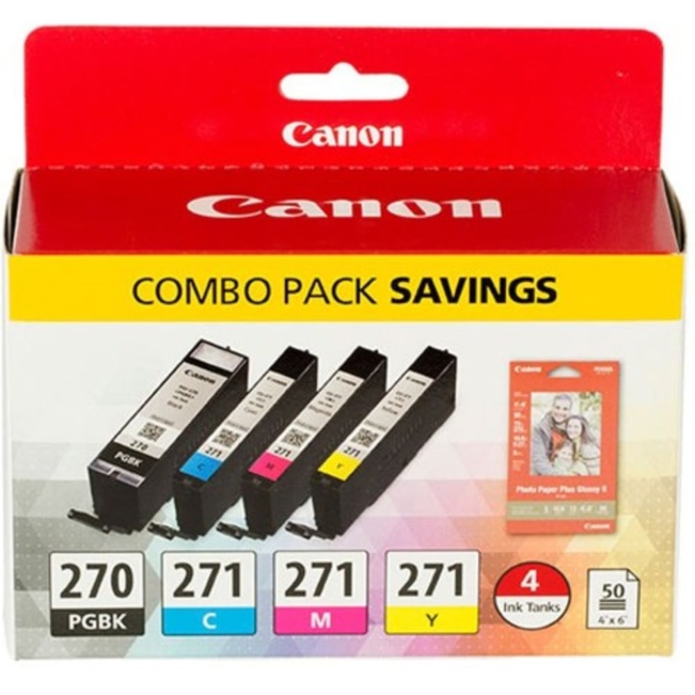 Canon PGI-270/CLI-271 Black And Cyan, Magenta, Yellow Ink Tanks And Paper, Pack Of 4, 0373C005