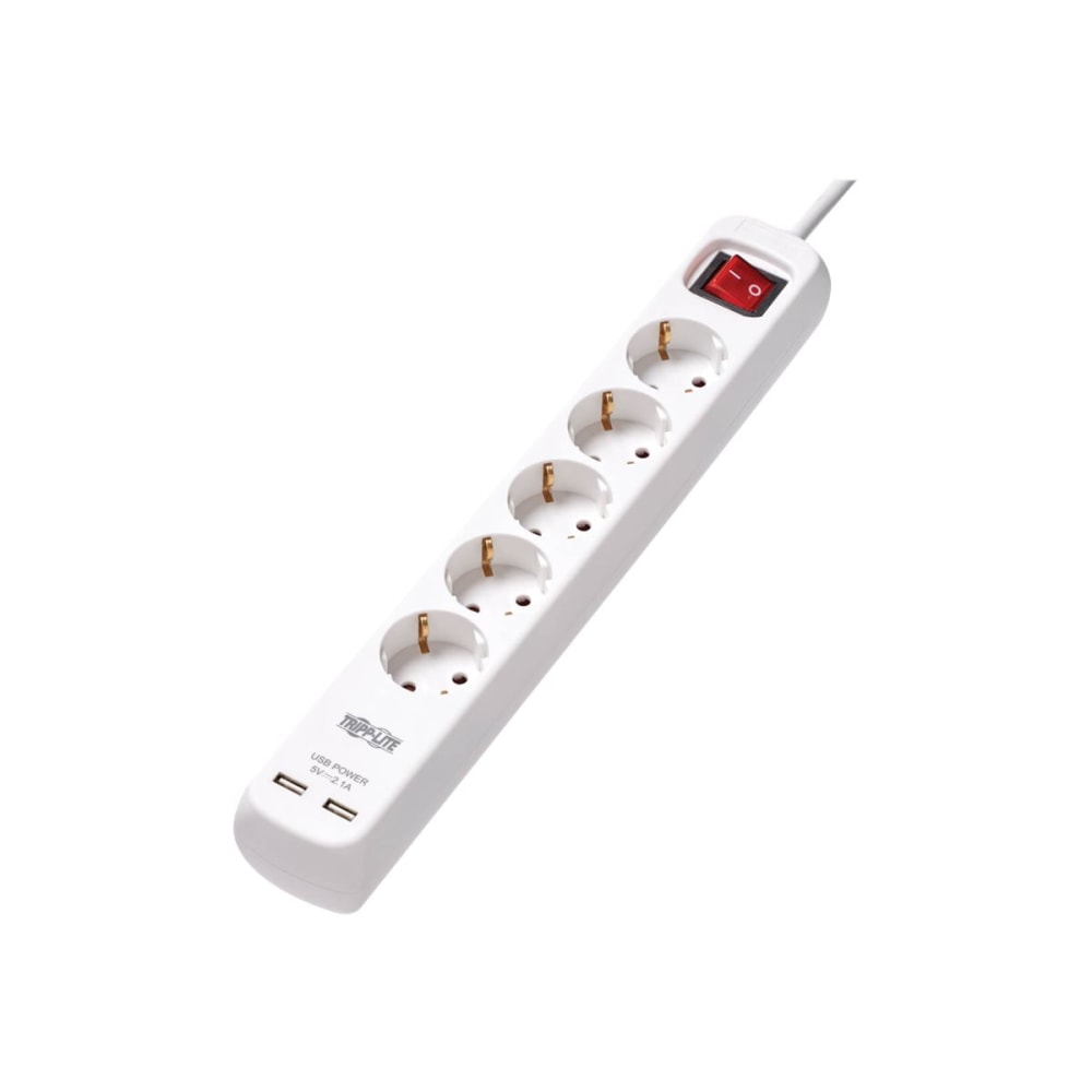 Tripp Lite 5-Outlet Power Strip with USB-A Charging - Schuko Outlets, 220-250V, 16A, 3 m Cord, Schuko Plug, White - Power strip - 16 A - AC 230 V - input: Type E - output connectors: 5 (2 x USB, 5 x power Type F) - 10 ft cord - white