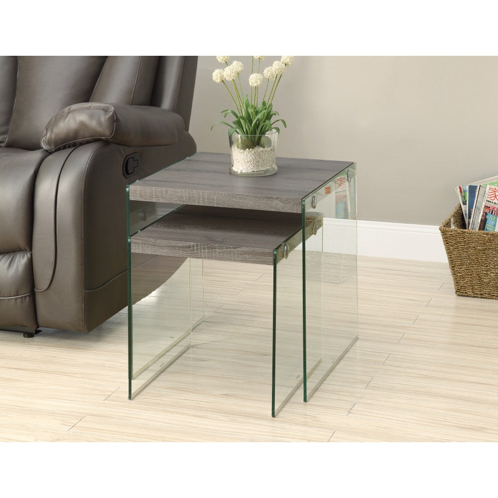 Monarch Specialties 2-Piece Nesting Table Set With Glass Base, Square, Dark Taupe