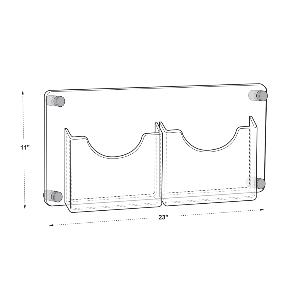 Azar Displays 2-Pocket Letter-Size Wall Brochure Holder With Stand-Off Caps, 11inH x 23inW x 1-1/2inD, Clear/Black