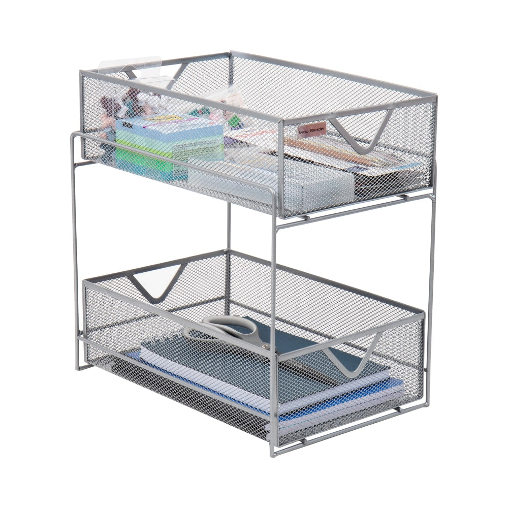 Mind Reader Network Collection 2-Tier Metal Mesh Sliding Basket Storage, 2 Drawers, 12-1/2in H x 8-1/4in W x 12-1/2in D, Silver