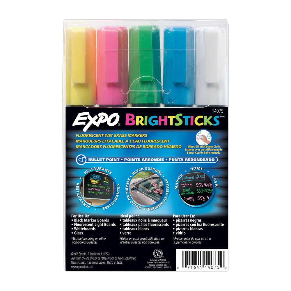 EXPO Bright Sticks Wet-Erase Fluorescent Markers, Assorted Colors, Pack Of 5