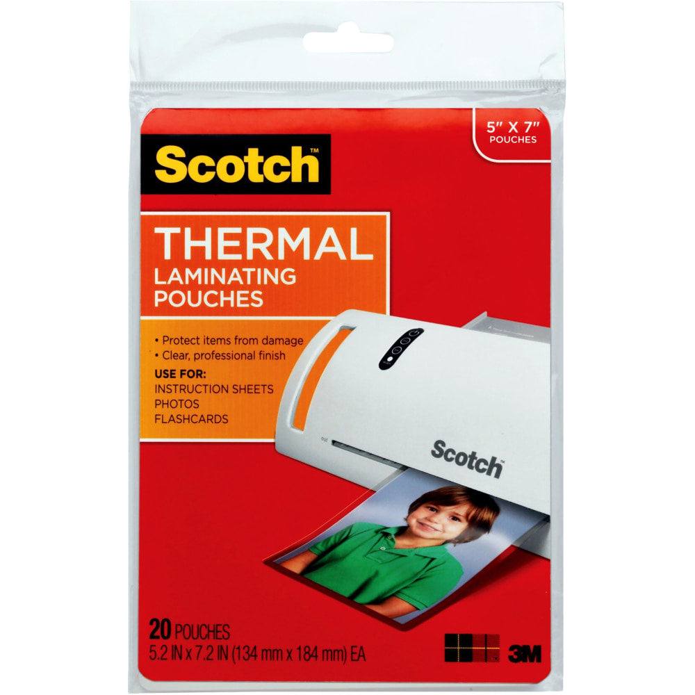 Scotch Front & Back Thermal Laminating Pouches TP5903-20, Glossy, 5.20in x 7.20in, 5 mil Thick, Clear, Box Of 20 Laminating Sheets