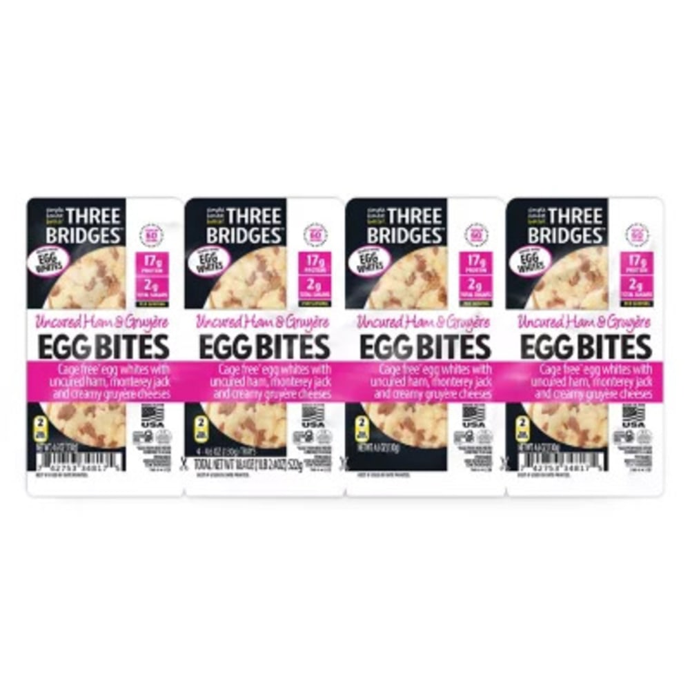 Three Bridges Ham & Gruyere Egg Bites, 4.6 Oz, 2 Bites Per Pack, Box Of 4 Packs