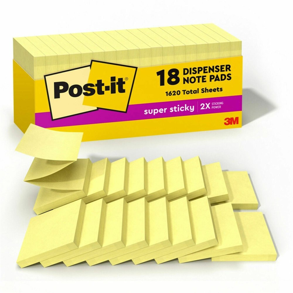 Post-it Super Sticky Dispenser Notes - Canary Yellow - 3in x 3in - Square - Canary Yellow - Paper - Pop-up, Recyclable, Adhesive - 18 / Pack