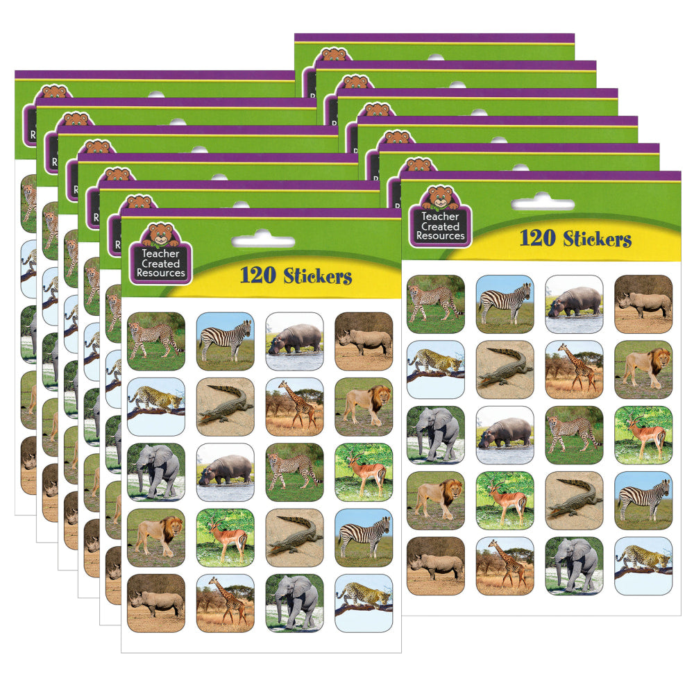 Teacher Created Resources Stickers, Safari Animals, 120 Stickers Per Pack, Set Of 12 Packs