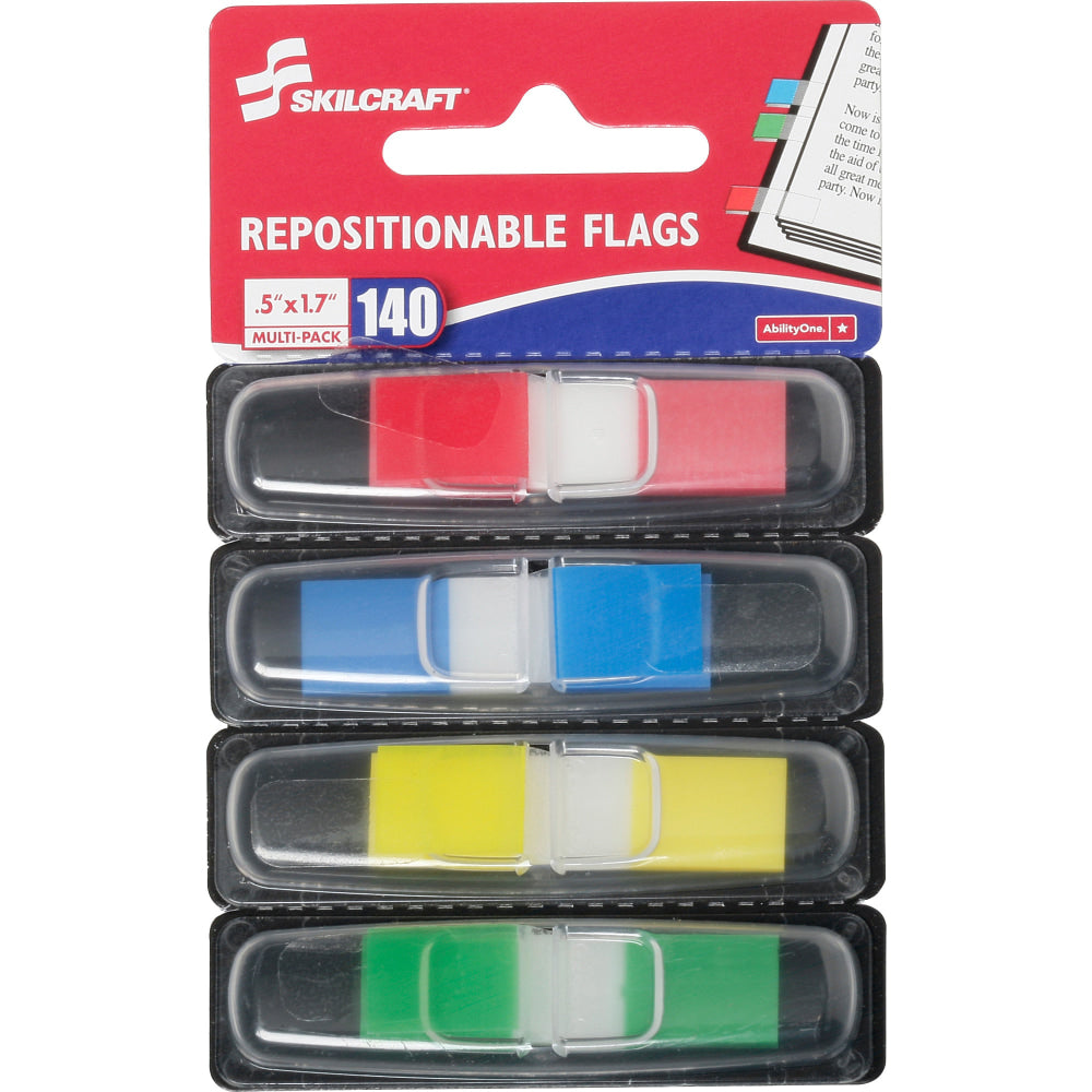 SKILCRAFT Self-Adhesive Repositionable Color Flags, 1/2in x 1 3/4in, 35 Flags Per Dispenser, 4 Dispensers Per Pack, Pack Of 4, Assorted Colors (AbilityOne 7510-01-620-0283)