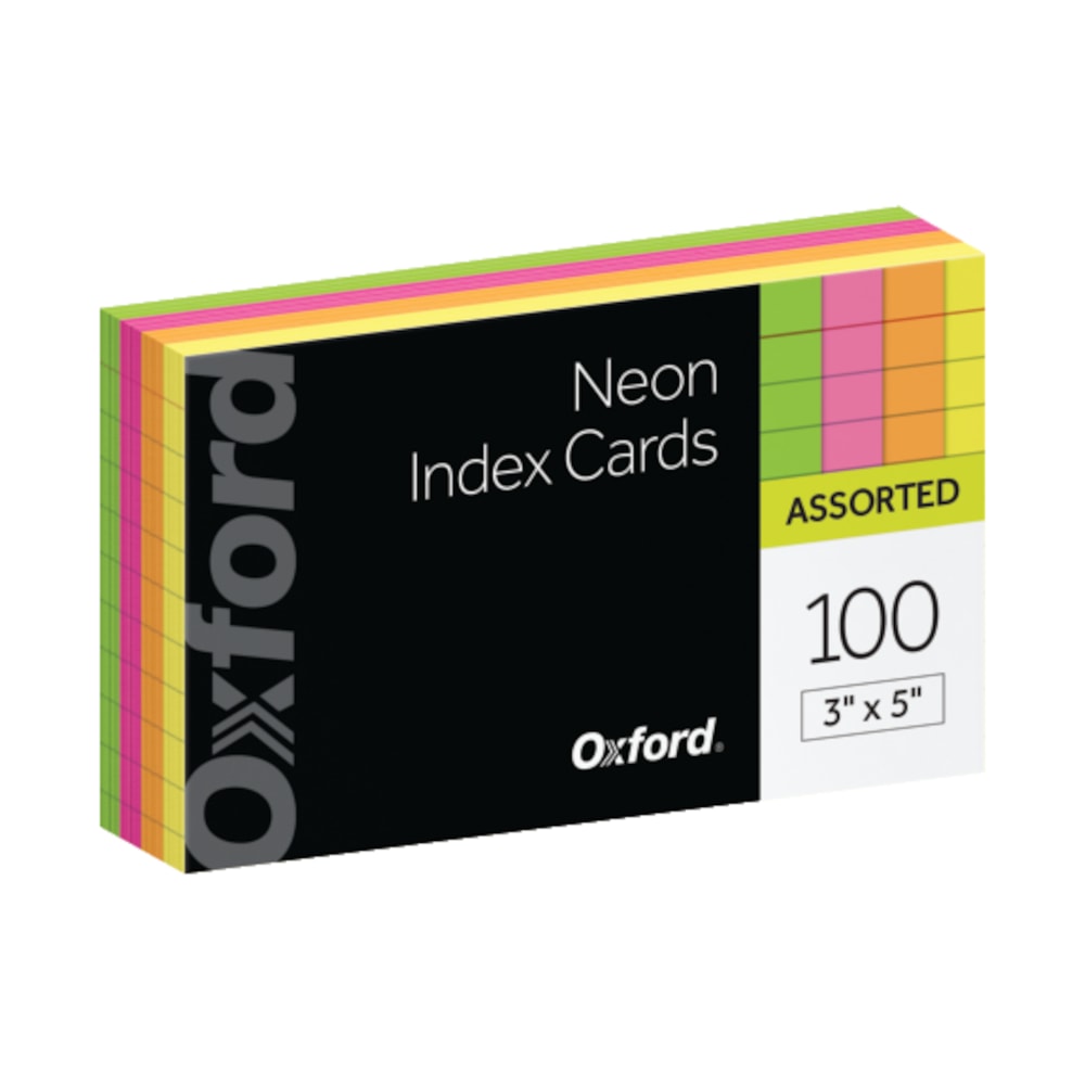 Oxford Neon Index Cards, 3in x 5in, Ruled, Assorted Colors, 100 Per Pack