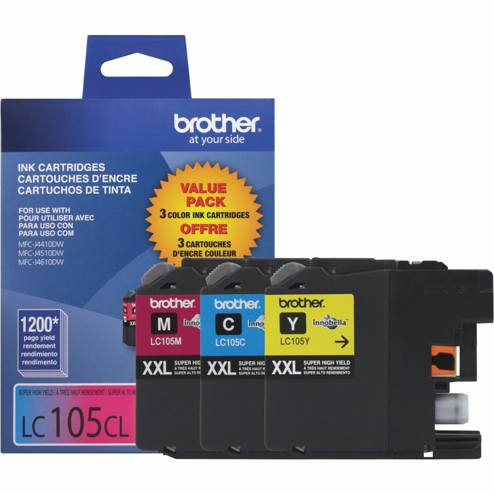 Brother LC105 Cyan; Magenta; Yellow High-Yield Ink Cartridges, Pack Of 3, LC1053PKS