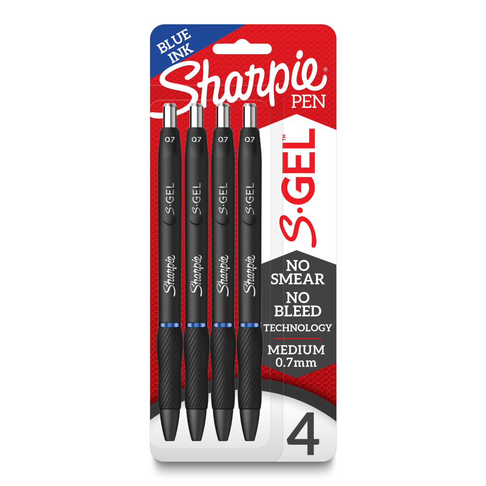 Sharpie S Gel Pens, Medium Point, 0.7 mm, Black Barrel, Blue Ink, Pack Of 4 Pens