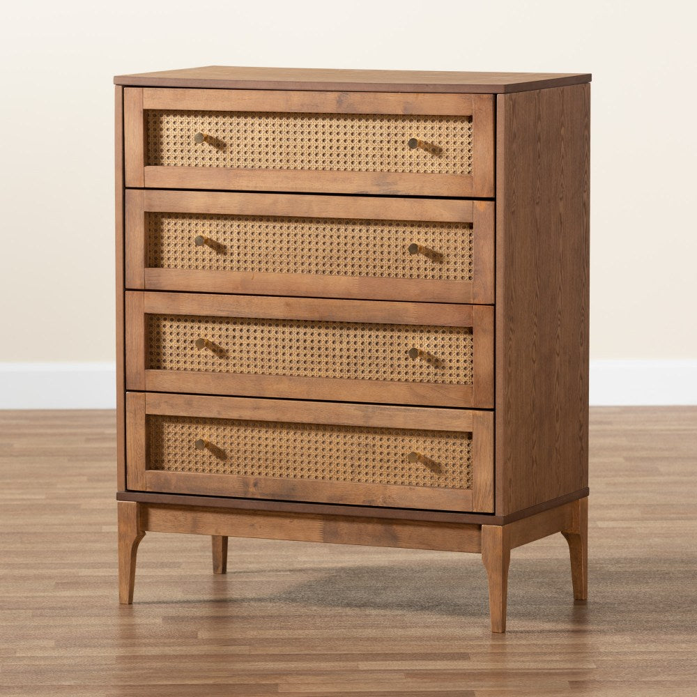 Baxton Studio Ramiel Finished Wood And Rattan 4-Drawer Chest, 37-3/4inH x 30-1/8inW x 15-3/4inD, Natural Brown/Gold