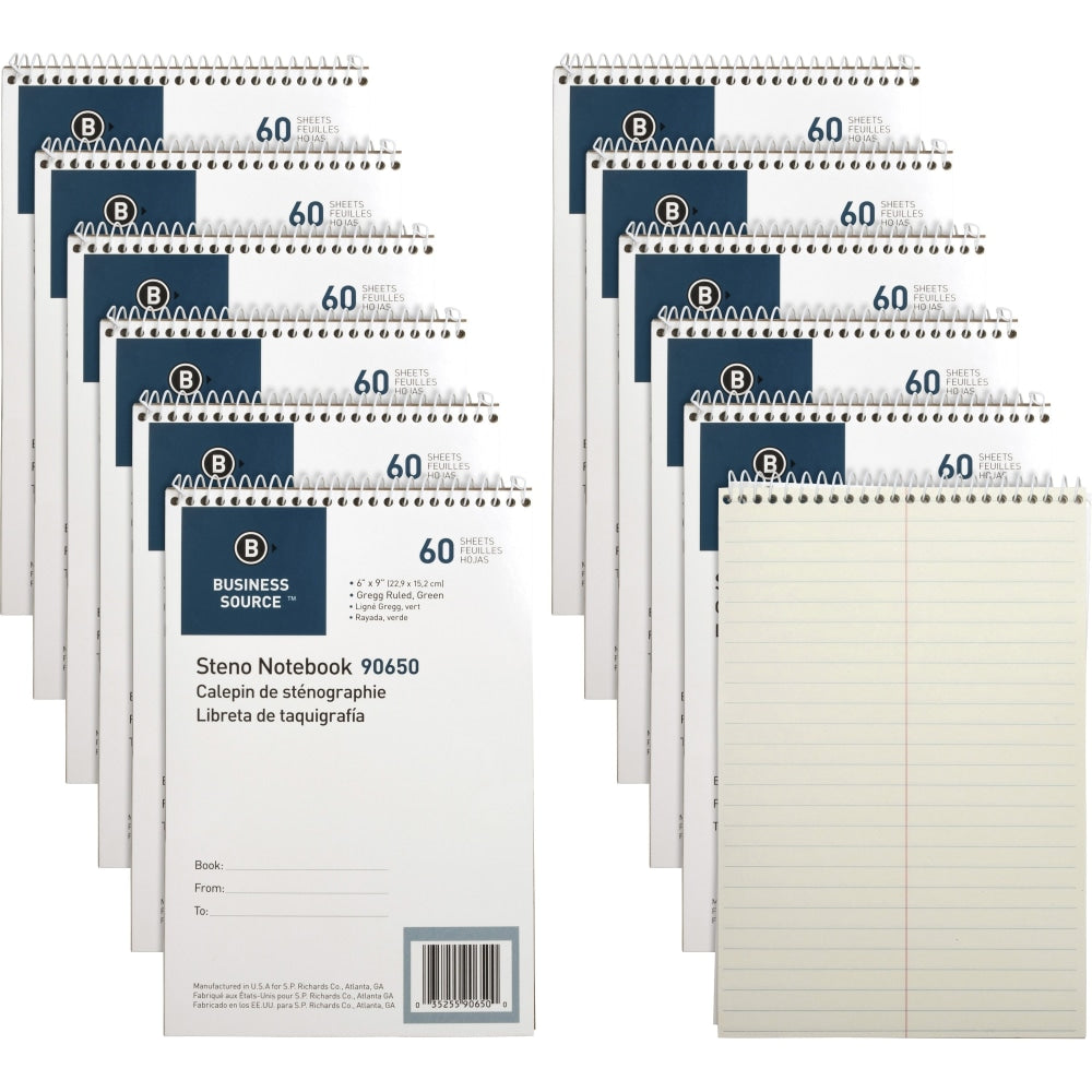 Business Source Steno Notebooks - 60 Sheets - Coilock - Gregg Ruled - 6in x 9in - Green Tint Paper - Stiff-back, Sturdy - 12 / Pack