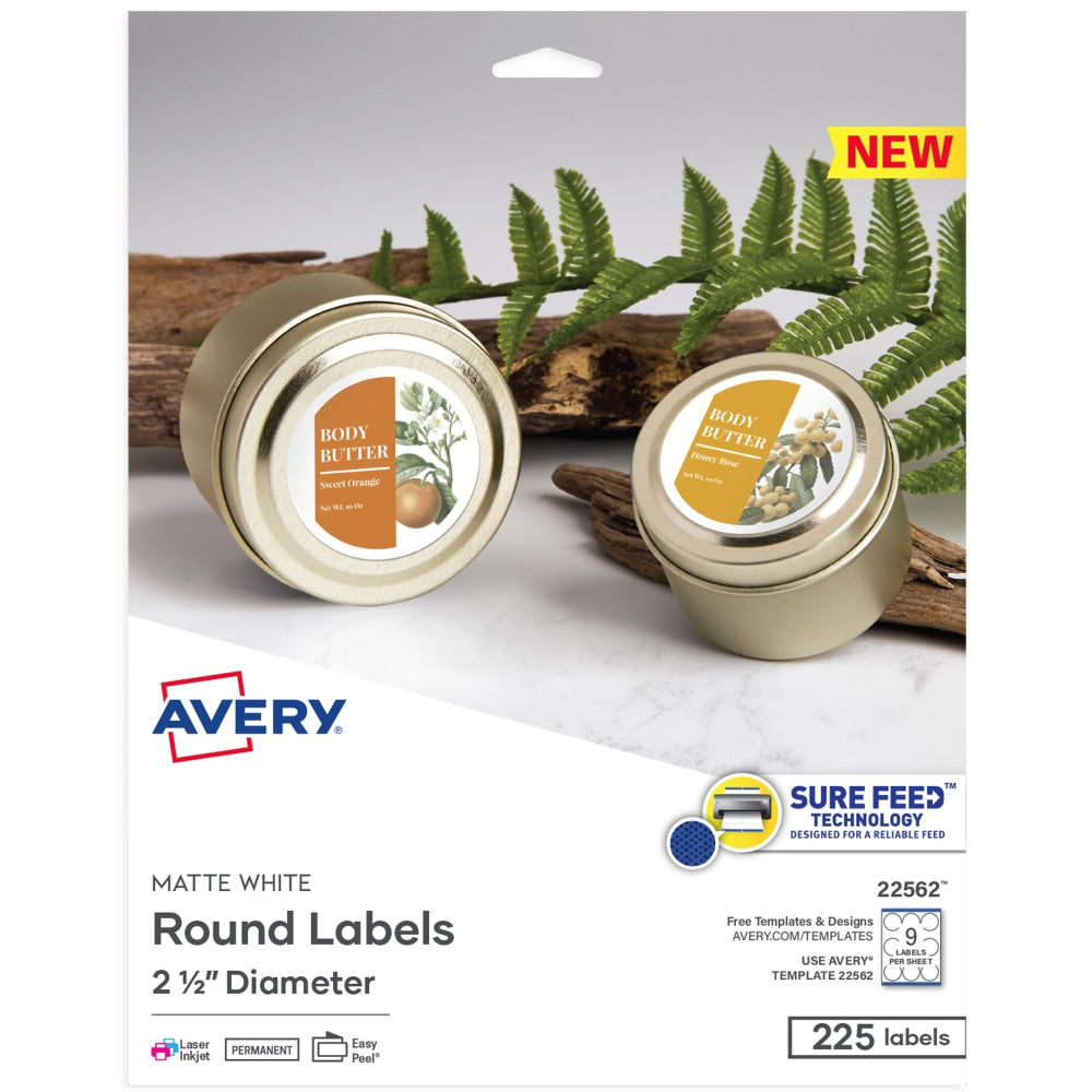 Avery Printable Labels With Sure Feed, 22562, Round, 2.5in Diameter, Matte White, 225 Customizable Labels