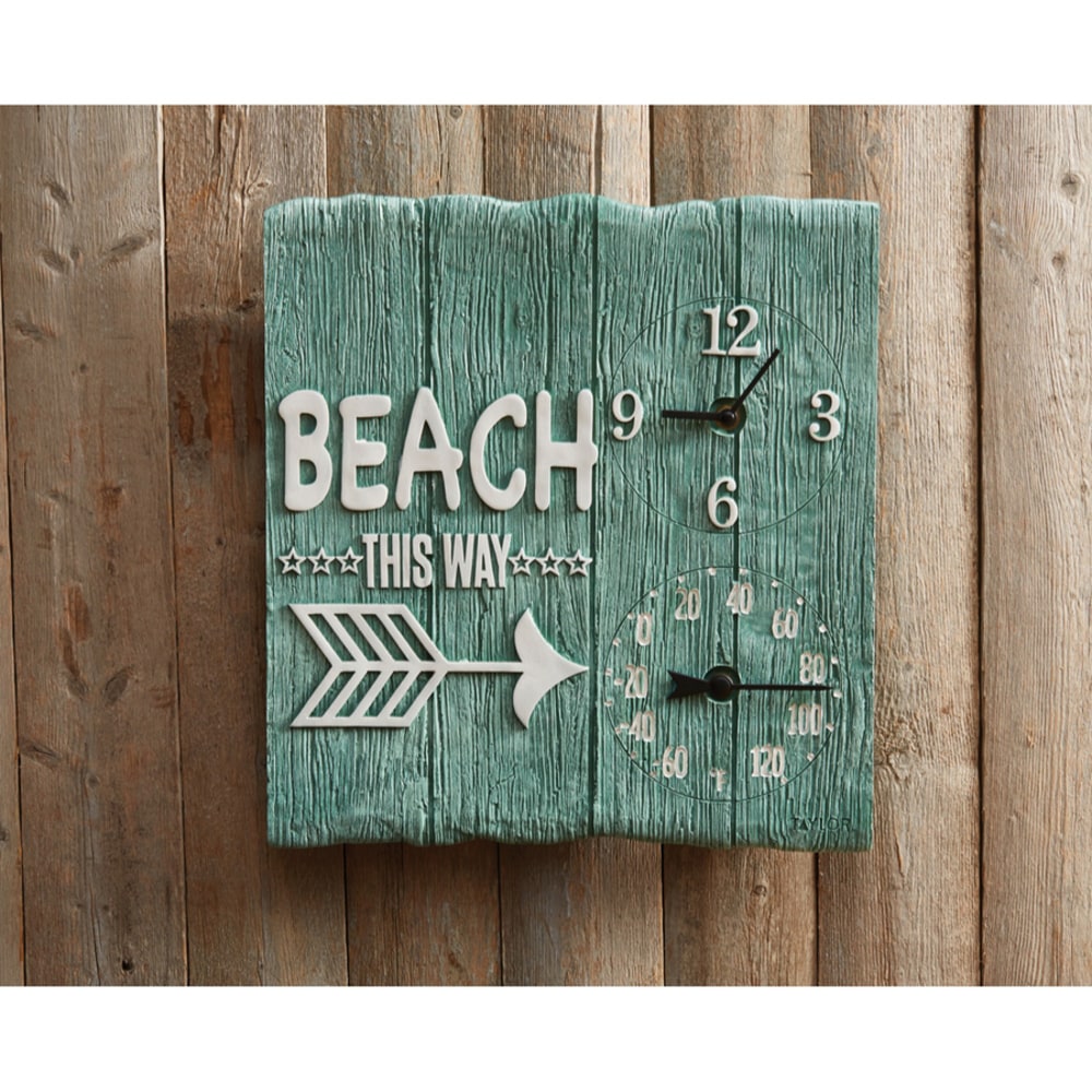 Taylor 92685T 14-Inch x 14-Inch Beach This Way Clock with Thermometer - Analog - Quartz - CaseThermometer