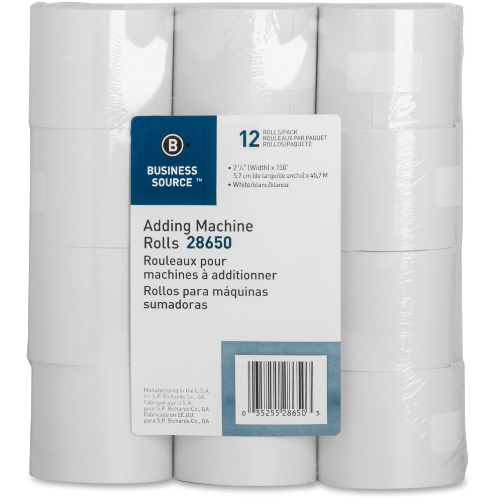 Business Source 150ft Adding Machine Rolls - 2 1/4in x 150 ft - 12 / Pack - Sustainable Forestry Initiative (SFI) - Lint-free - White